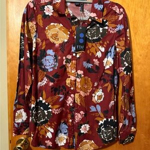 FDJ Women's Floral Button-Down Shirt - Burgundy and Blue